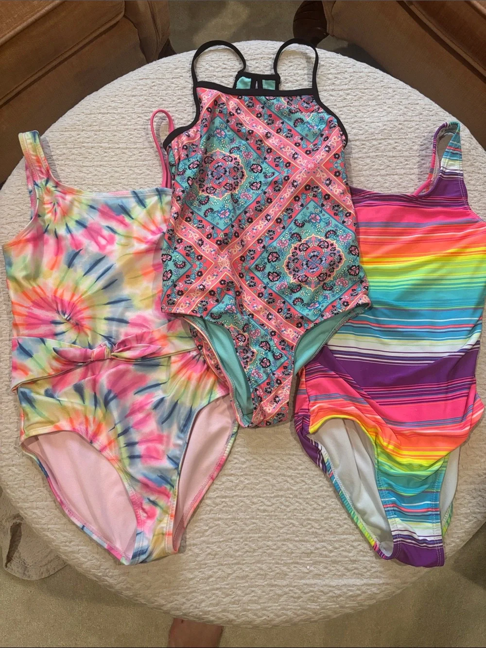 Set of 3 Girls' Patterned One-Piece Swimsuits size 7-8
